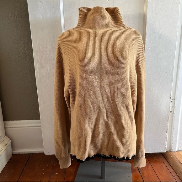 Aritzia Wilfred Tan Mock Neck Sweater S Merino Wool Crochet Hem Cozy Chic - Picture 1 of 10